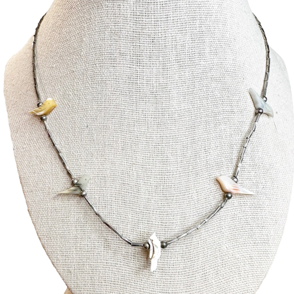 Vintage Native MOP Fetish Bird Liquid Sterling Silver Necklace 17"